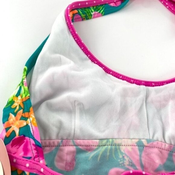 SO V Neck Halter Top Tankini Swimsuit Juniors Sz L Floral Pink Green Tropical - Picture 7 of 16